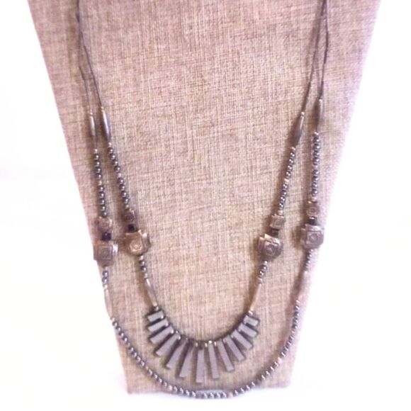 Vintage Ethnic Inspired Silver Tone Hematite Double Strand Statement Necklace - Picture 1 of 6